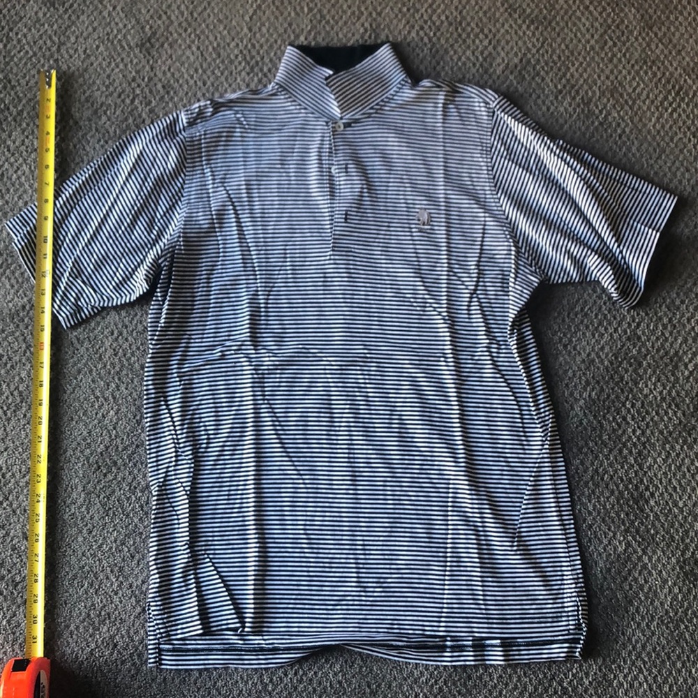 Dark green and white striped golf polo